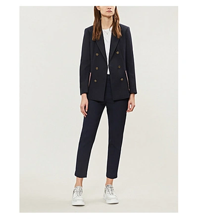 Shop Sandro Double-breasted Crepe Blazer In Navy Blue