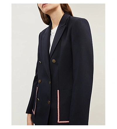 Shop Sandro Double-breasted Crepe Blazer In Navy Blue