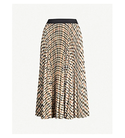 Shop Maje Checked Chiffon Midi Skirt In Brown