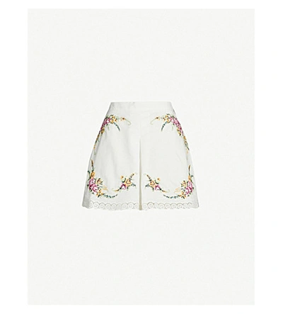 Shop Zimmermann Allia Floral-embroidered Linen And Cotton-blend Shorts In Ivory