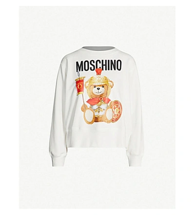 Shop Moschino Bear-print Round-neck Cotton-jersey Sweatshirt In White