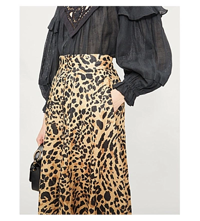 Shop Zimmermann Flared High-waist Leopard-print Linen Midi Skirt