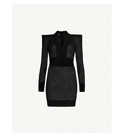 Shop Balmain V-neck Long-sleeved Woven Mini Dress In Black Silver