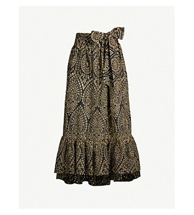 Shop Lisa Marie Fernandez Nicole Embroidered Cotton Midi Skirt In Black Gold Eyelet