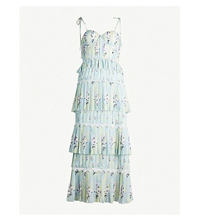 Shop Self-portrait Tiered Floral-lace Chiffon Midi Dress In Mint