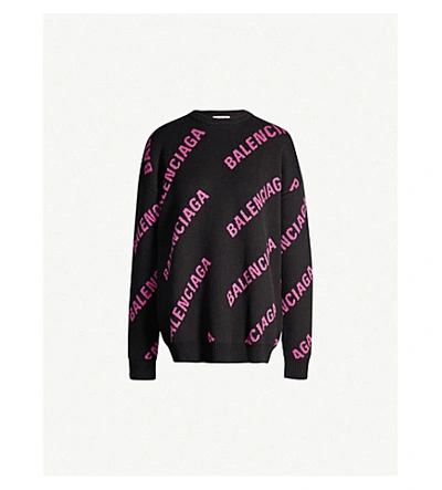 Balenciaga Logo-intarsia Wool-blend Jumper In Black/pink | ModeSens