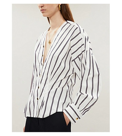 Shop Sandro Asymmetric-button Striped Cotton Shirt In White