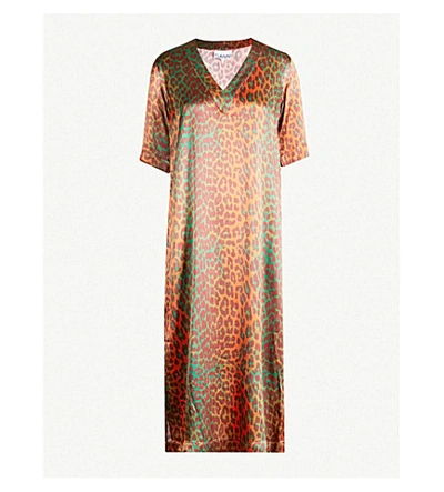 Shop Ganni Leopard-print Satin Dress In Verdant Green
