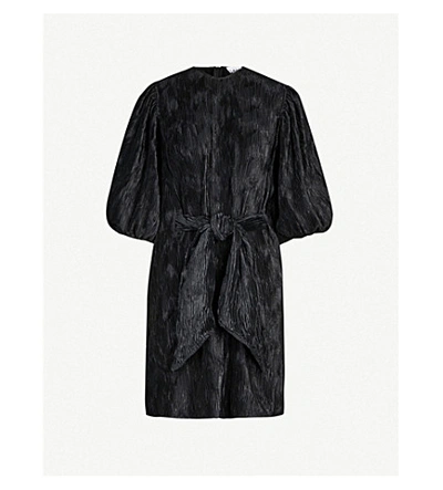 Shop Ganni Puffed-sleeve Pleated Satin Mini Dress In Black