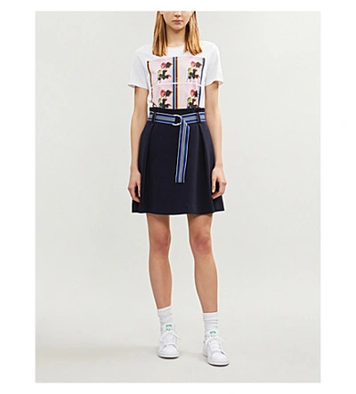 Shop Claudie Pierlot Striped Belt High-waisted Crepe Skirt In Ultramarine