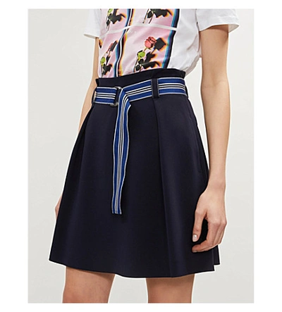Shop Claudie Pierlot Striped Belt High-waisted Crepe Skirt In Ultramarine