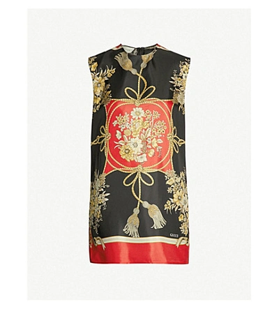 Shop Gucci Floral-print Silk-twill Tunic Dress In Red Black Print