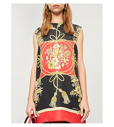 Shop Gucci Floral-print Silk-twill Tunic Dress In Red Black Print