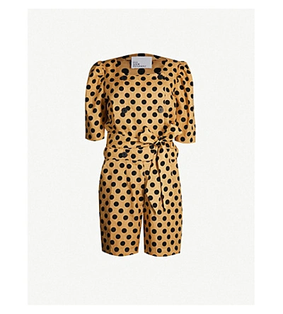 Shop Lisa Marie Fernandez Diana Polka-dot Linen Playsuit In Khaki Black Polka Dot