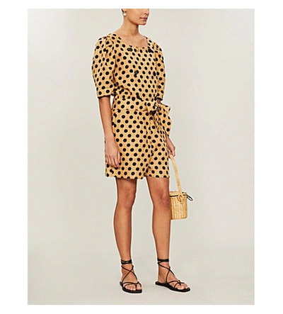 Shop Lisa Marie Fernandez Diana Polka-dot Linen Playsuit In Khaki Black Polka Dot