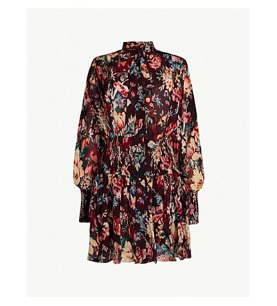 Shop Zimmermann Allia Floral-print Cotton And Silk-blend Dress In Burgundy Floral