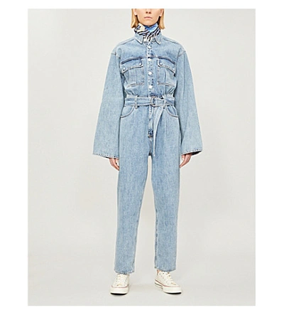 Shop Agolde Tatum Faded Waist-tie Denim Jumpsuit In Lark