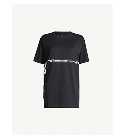 Shop Armani Exchange Logo-tape Panel Stretch-cotton T-shirt In Black