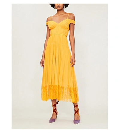 Self portrait orange off shoulder deals pleated chiffon dress