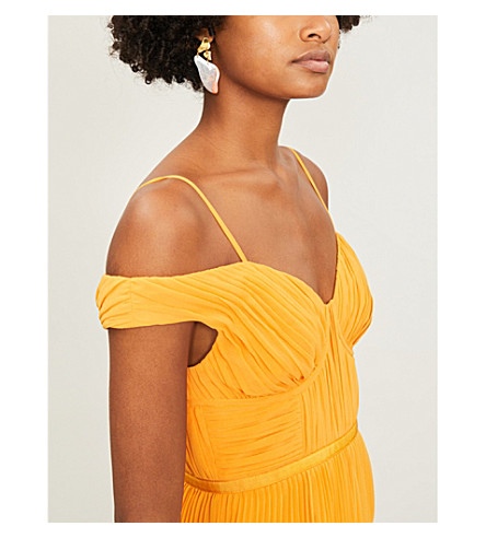 self portrait orange off shoulder pleated chiffon dress