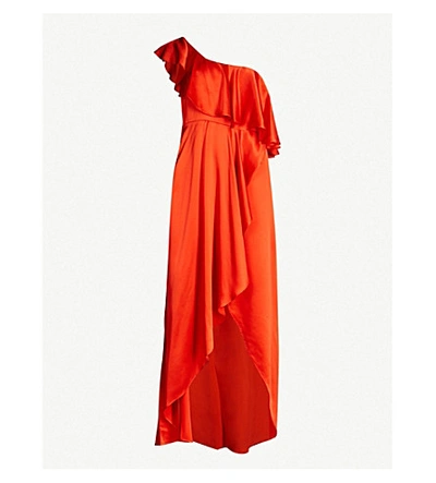 Shop Alexis Austyn One-shoulder Ruffle-trimmed Silk-crepe Dress In Red