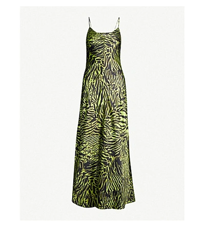 Shop Ganni Animal-print Stretch-silk Slip Dress In Lime Tiger