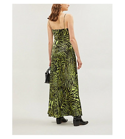 Shop Ganni Animal-print Stretch-silk Slip Dress In Lime Tiger