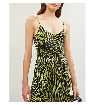 Shop Ganni Animal-print Stretch-silk Slip Dress In Lime Tiger