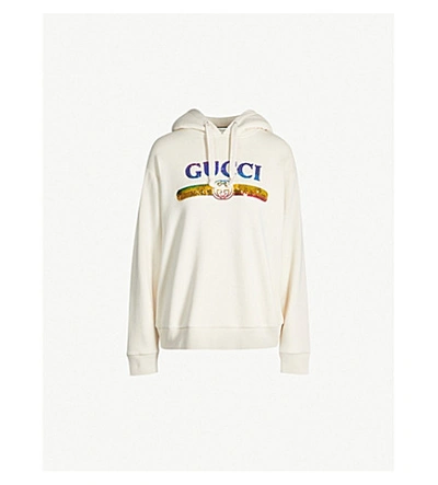Shop Gucci Sequinned Logo-print Cotton-jersey Hoody In Natural Purple