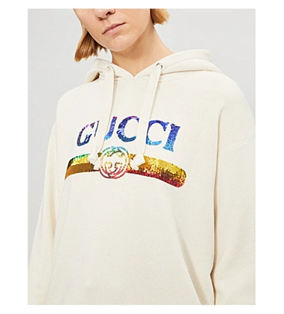 Shop Gucci Sequinned Logo-print Cotton-jersey Hoody In Natural Purple