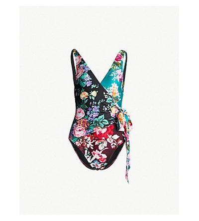 Shop Zimmermann Allia Floral-print High-leg Swimsuit In Spliced