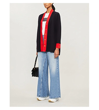 Shop Sandro Contrast-trim Knitted Cardigan In Navy Blue