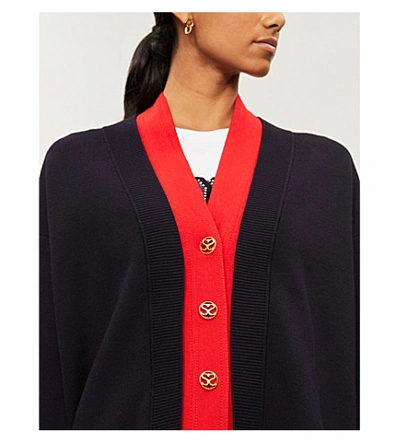 Shop Sandro Contrast-trim Knitted Cardigan In Navy Blue