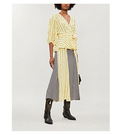 Shop Ganni Gingham Crepe Wrap Top In Maize