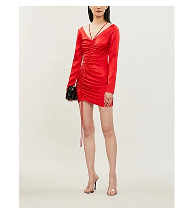 Shop David Koma Ruched Satin Mini Dress In Red