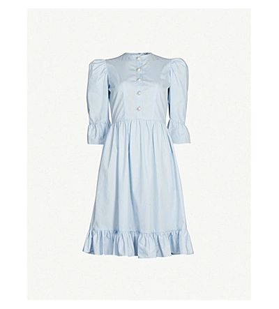 Shop Batsheva Prairie Puffed-sleeve Cotton-poplin Dress In Light Blue Cotton