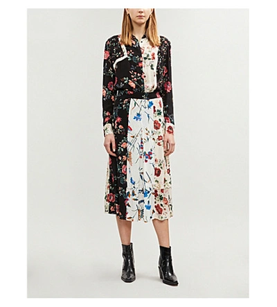 Shop Maje Rose-print Contrast-panel Pleated Midi Skirt