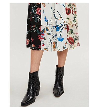 Shop Maje Rose-print Contrast-panel Pleated Midi Skirt