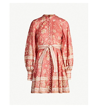 Shop Zimmermann Veneto Border Paisley-print Linen Mini Dress In Red Paisley