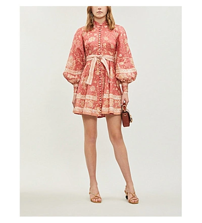 Shop Zimmermann Veneto Border Paisley-print Linen Mini Dress In Red Paisley