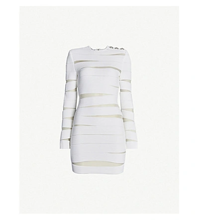 Shop Balmain Sheer-panel Woven Mini Dress In Blanc