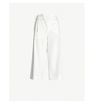 Shop Vince Tie-waist Wide-leg Cropped Cotton-twill Trousers In Off White