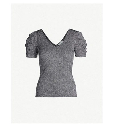 Shop Sandro Metallic Puffed-sleeved Stretch-knit Top In Silver