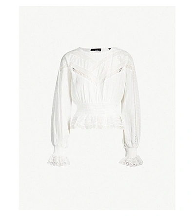 Shop The Kooples Smocked Lace-trim Cotton Blouse In Whi01