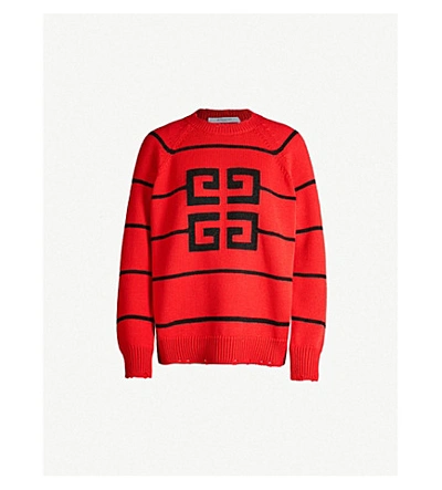 Shop Givenchy High-neck Striped Wool-blend Jumper In Red/black