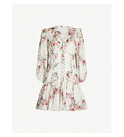 Shop Zimmermann Honour Floral-print Ruffled Linen Mini Dress In Cream Floral