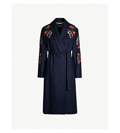 Ted Baker Sirenaa Embroidered Kimono-style Coat In Dark Blue | ModeSens
