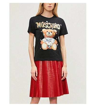 Shop Moschino Teddy-print Cotton-jersey T-shirt In Black