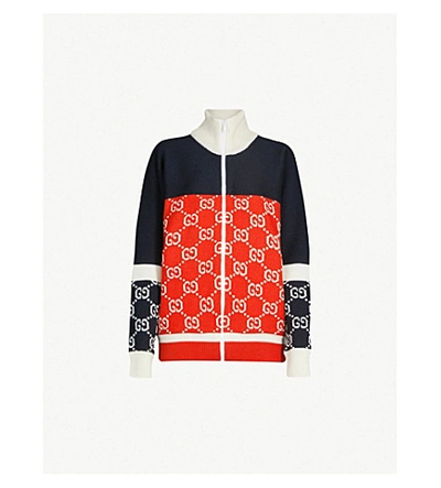 Shop Gucci Logo-intarsia Wool Cardigan In Blue Red Ivory