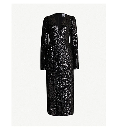 Shop Galvan Moonlight V-neck Sequin Midi Dress In Black